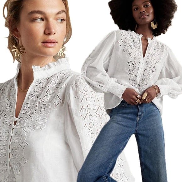 Banana Republic 100% Ramie Boho White Lace Eyelet Detail Puff Sleeve Top Blouse - Picture 1 of 15